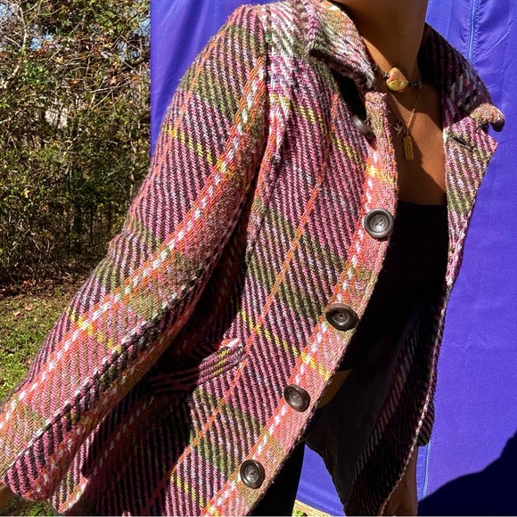 {Cherokee} Vintage Pink & Plaid Striped Mid-Length Wool Coat, Authentic Original - Picture 3 of 15
